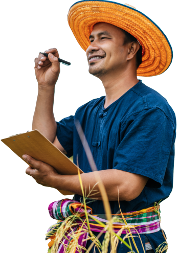 asian-middle-aged-farmer-man-wearing-straw-hat-write-clipboard-rice-field-with-smile-keep-data copy